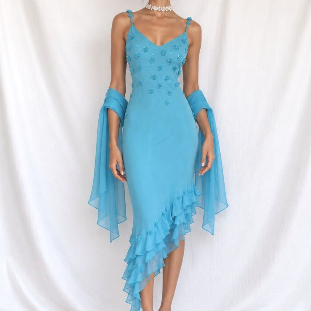 Vintage Blue Silk High Low Floral Beaded Slip On Midi Cocktail Dress Size S/M
